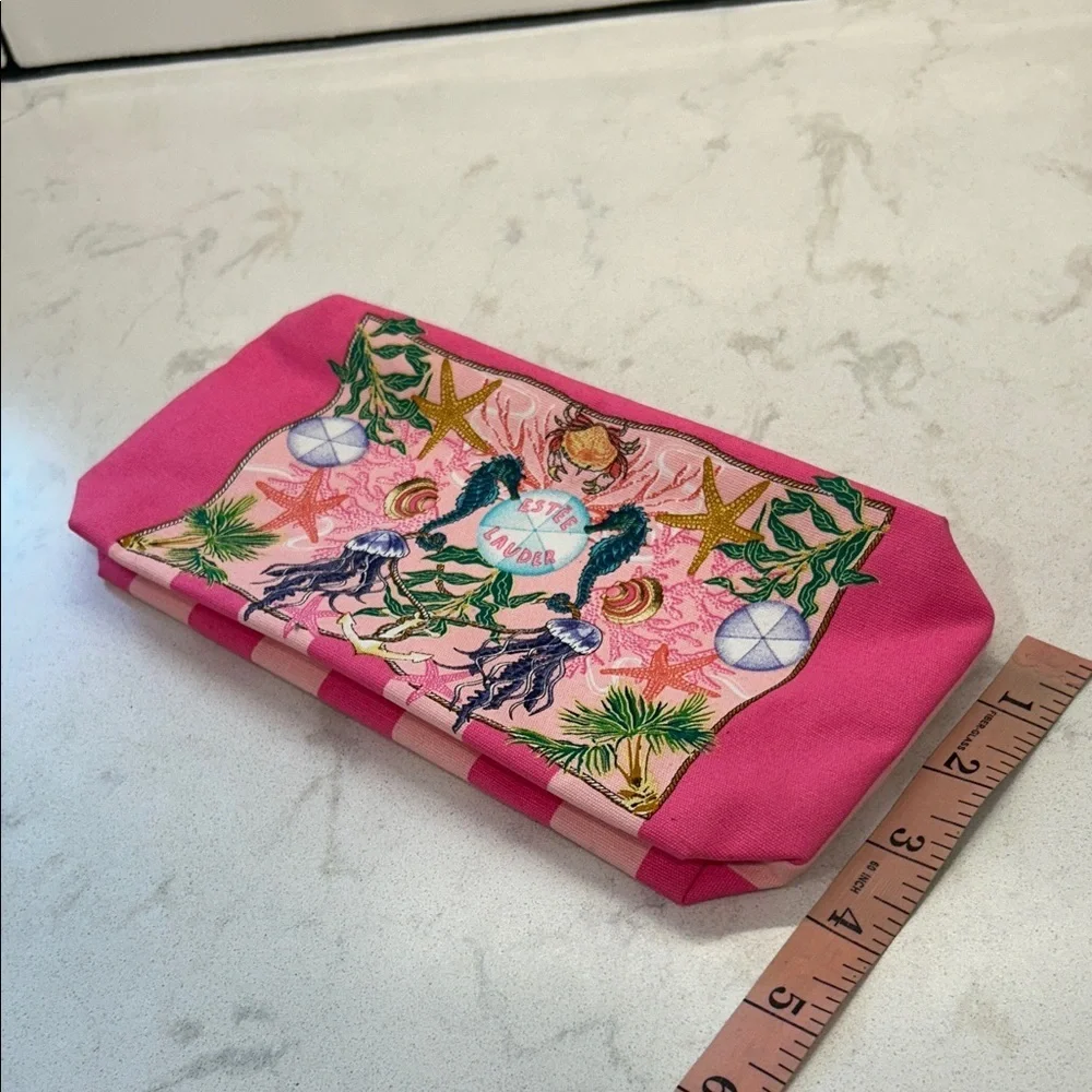 Estee Lauder Vibrant Pink Seahorse Coastal Beach Multicolor Cosmetic Bag NWOT‎